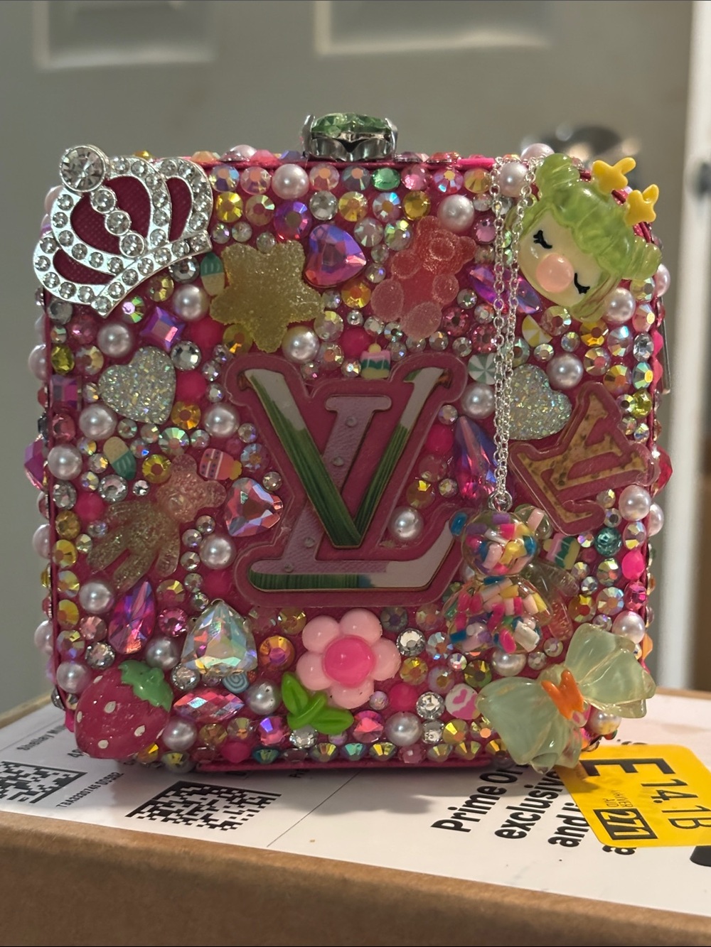 Custom LV Pink Rhinestone Embellished Jewelry Box